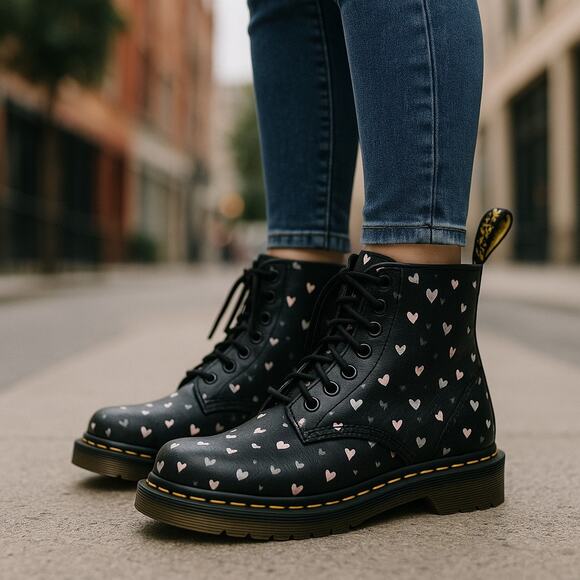 Dr. Martens 1460 Pascal Boots Wild Hearts Printed Womens US 8 Black Leather Pink - Picture 13 of 13